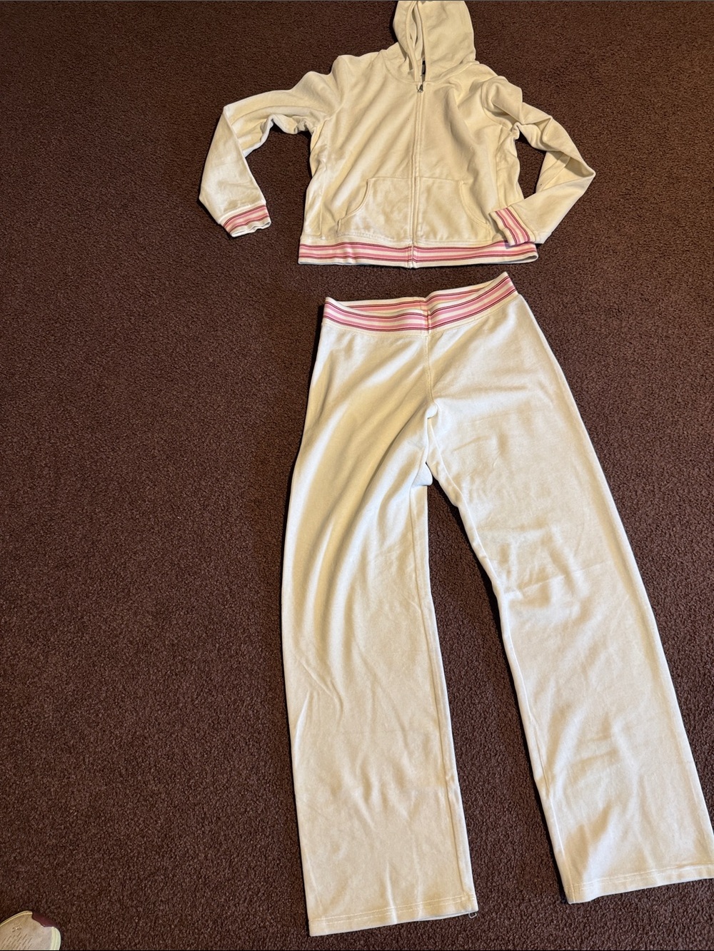GAP Cream Velour Hoodie & Pants lounge Set with Pink Stripe Trim